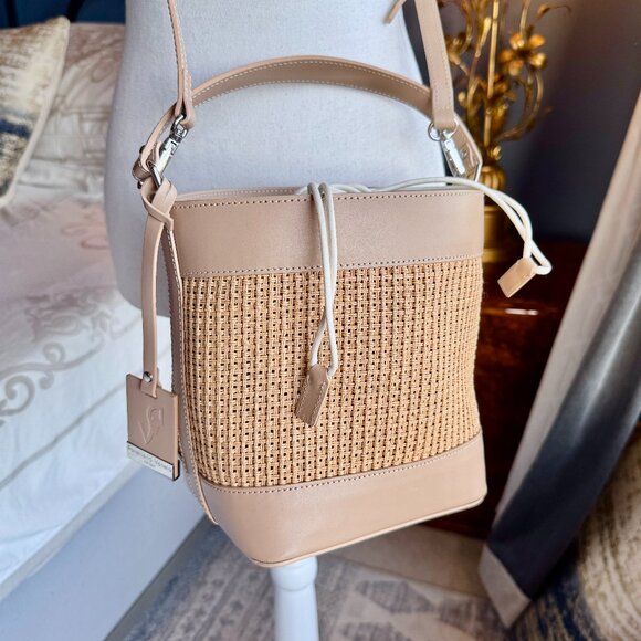 Pelletteria Veneta Light Tan Leather and Raffia Small Bucket Bag - Picture 1 of 16